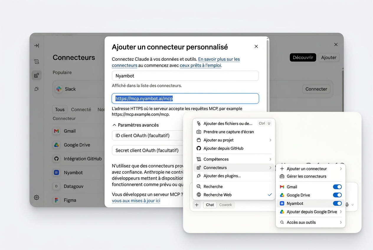 Ajout de Nyambot comme connecteur MCP dans les réglages d'un assistant IA
